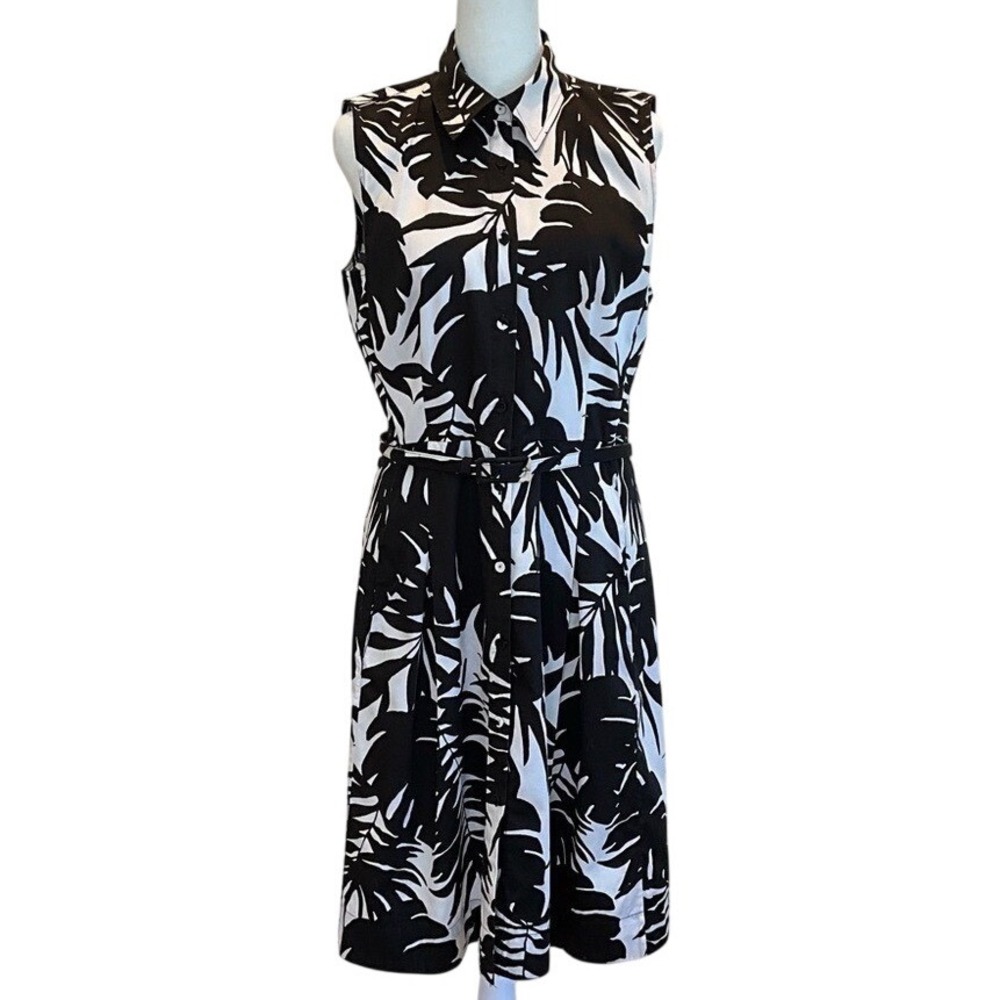 Talbots Womens Petite Black White Tropical Palm Leaf Belted Shirt Dress 10P